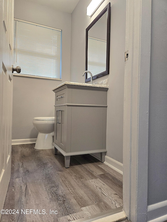 bathroom with hardwood / wood-style flooring, vanity, and toilet