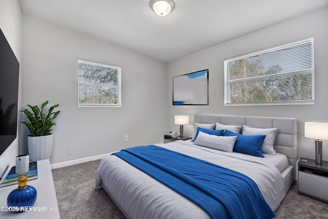 bedroom with lofted ceiling and carpet flooring