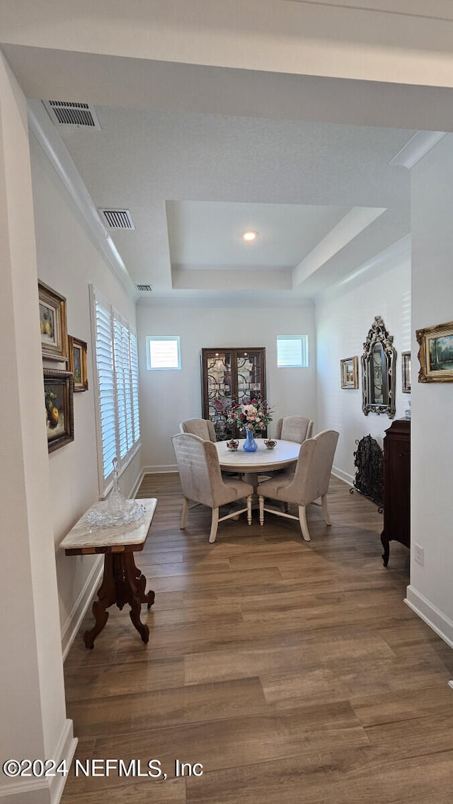 dining area with a healthy amount of sunlight, a tray ceiling, and wood-type flooring