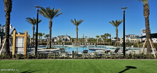 view of pool with a yard