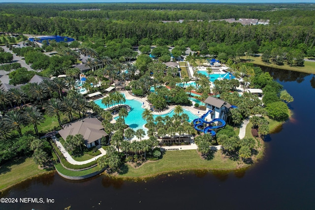 bird's eye view featuring a water view and a wooded view