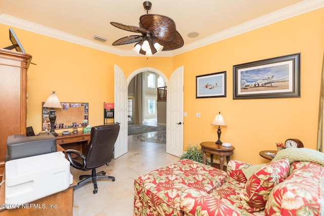 home office with visible vents, arched walkways, ceiling fan, and ornamental molding