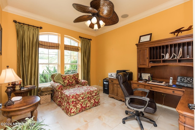 office area with light tile patterned floors, ornamental molding, and a ceiling fan