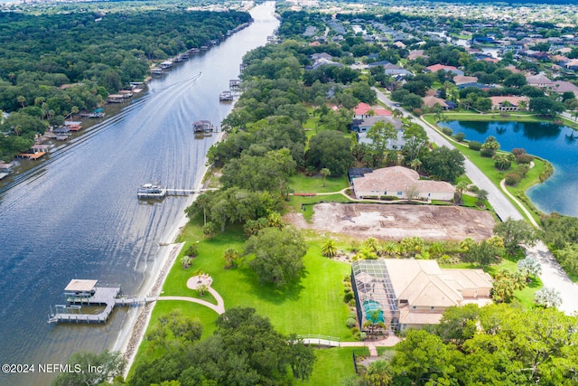 drone / aerial view featuring a water view