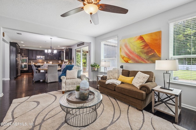 living room with dark hardwood / wood-style floors, ceiling fan with notable chandelier, and a textured ceiling