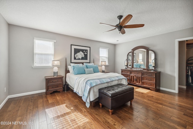 bedroom featuring a walk in closet, dark hardwood / wood-style floors, a textured ceiling, and ceiling fan