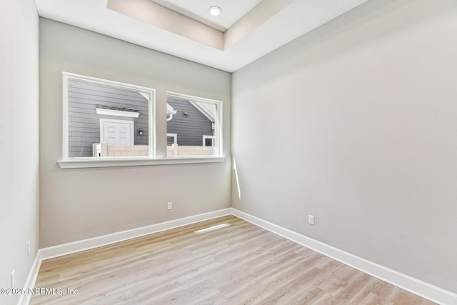 spare room with baseboards, a raised ceiling, and wood finished floors