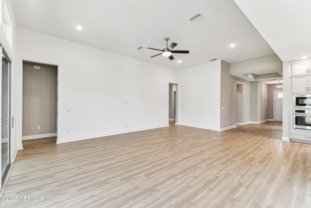 unfurnished living room with recessed lighting, baseboards, light wood-type flooring, and a ceiling fan