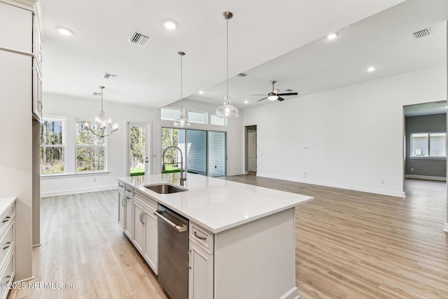 kitchen with a sink, visible vents, dishwasher, and light wood finished floors