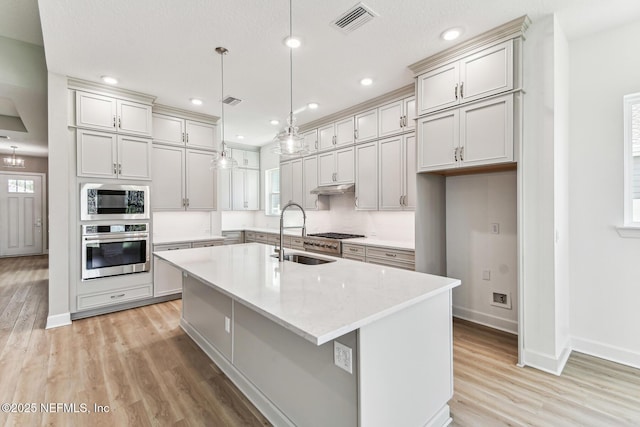 kitchen with a sink, light wood-style floors, appliances with stainless steel finishes, and under cabinet range hood