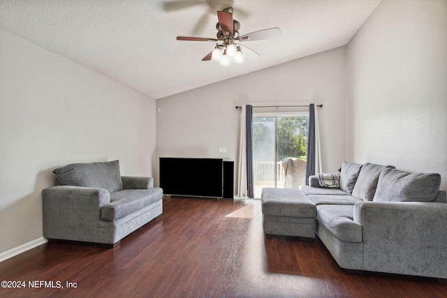 living room featuring ceiling fan, lofted ceiling, and hardwood / wood-style floors