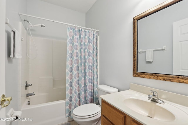 bathroom featuring toilet, vanity, and shower / tub combo with curtain