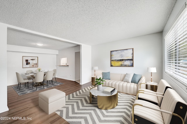 living room featuring dark hardwood / wood-style flooring and a textured ceiling