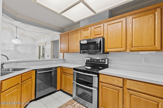 kitchen featuring pendant lighting, sink, light tile patterned floors, dishwasher, and range with two ovens