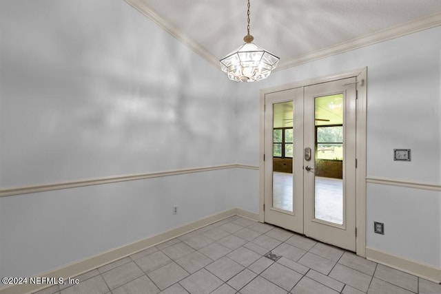 doorway to outside featuring crown molding, light tile patterned floors, a chandelier, and french doors