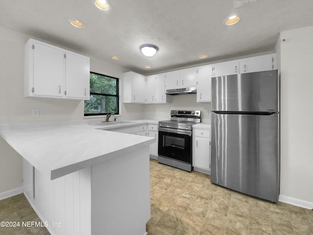 kitchen featuring sink, white cabinetry, a textured ceiling, kitchen peninsula, and appliances with stainless steel finishes