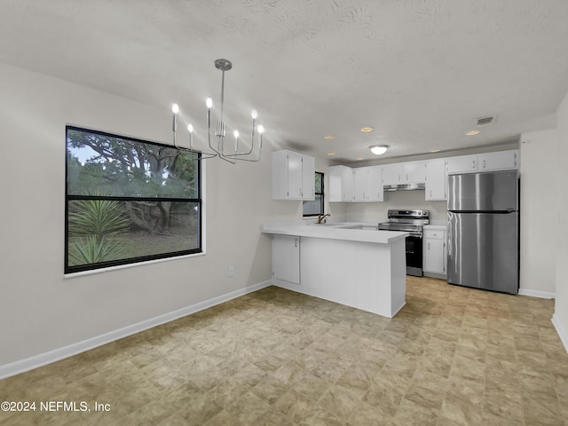 kitchen with kitchen peninsula, a chandelier, pendant lighting, stainless steel appliances, and white cabinetry