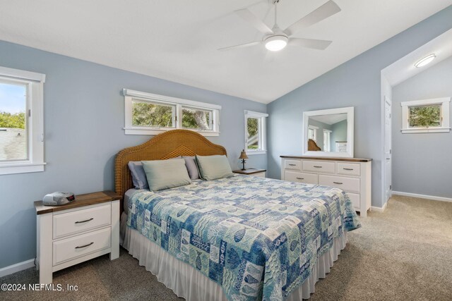 carpeted bedroom with multiple windows, ceiling fan, and vaulted ceiling