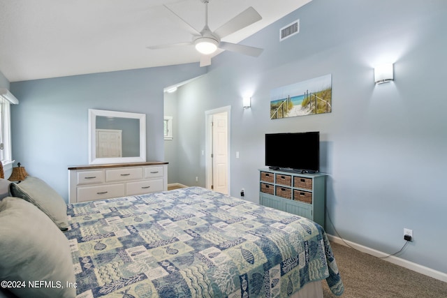 bedroom featuring ceiling fan, carpet floors, and vaulted ceiling