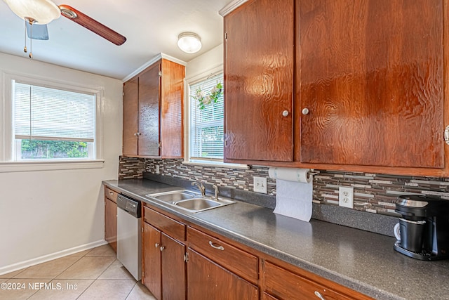 kitchen featuring sink, dishwasher, decorative backsplash, and ceiling fan