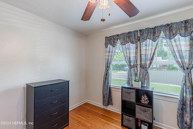 interior space featuring light wood-type flooring and ceiling fan