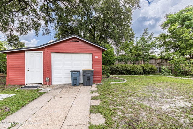 garage featuring a lawn