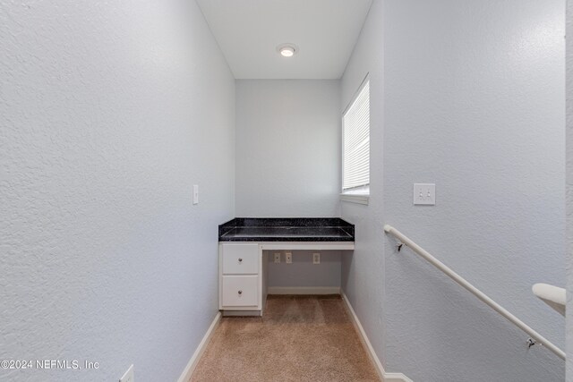 interior space featuring light colored carpet