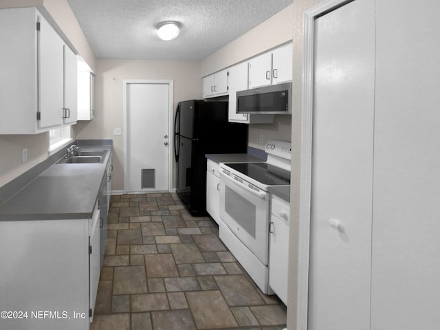 kitchen with white cabinets, white electric range oven, a textured ceiling, and sink