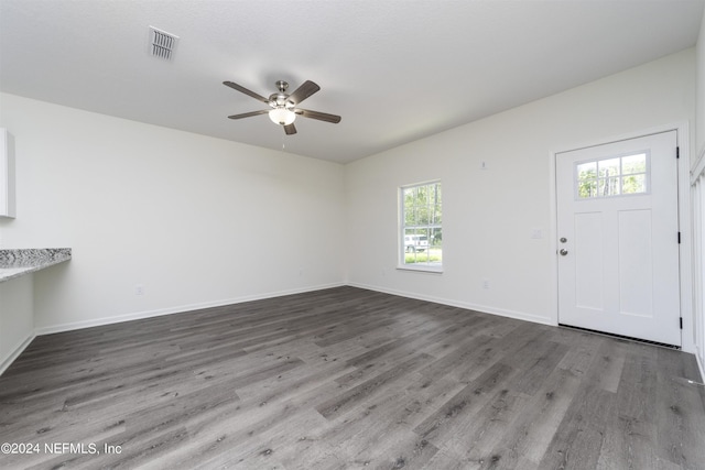 foyer featuring ceiling fan and dark hardwood / wood-style floors