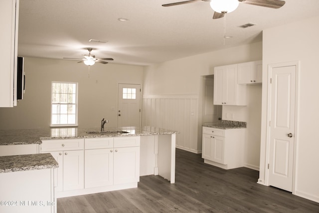 kitchen with sink, white cabinets, dark wood-type flooring, ceiling fan, and light stone counters