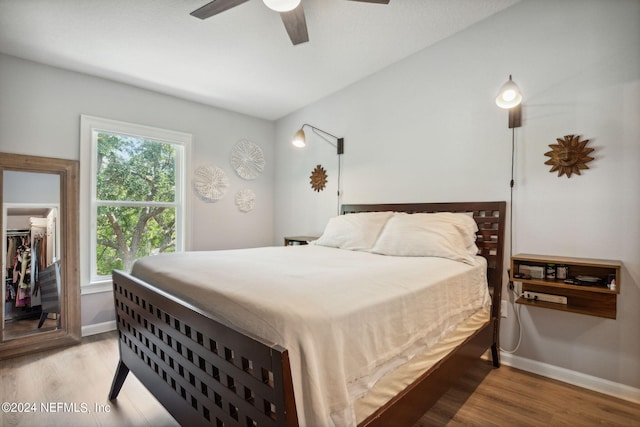 bedroom featuring a spacious closet, light hardwood / wood-style flooring, multiple windows, and ceiling fan