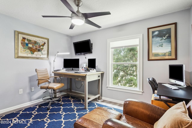 home office featuring a healthy amount of sunlight, hardwood / wood-style floors, and ceiling fan