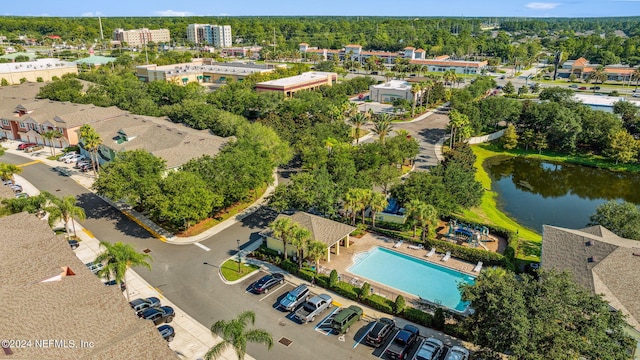 drone / aerial view with a water view