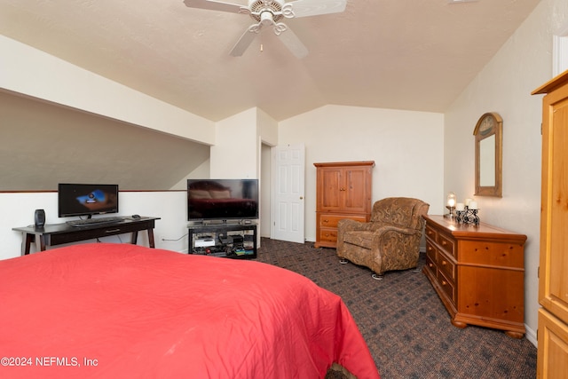 bedroom with a ceiling fan, carpet, and vaulted ceiling