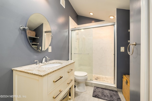 full bath with toilet, a shower stall, visible vents, and vanity