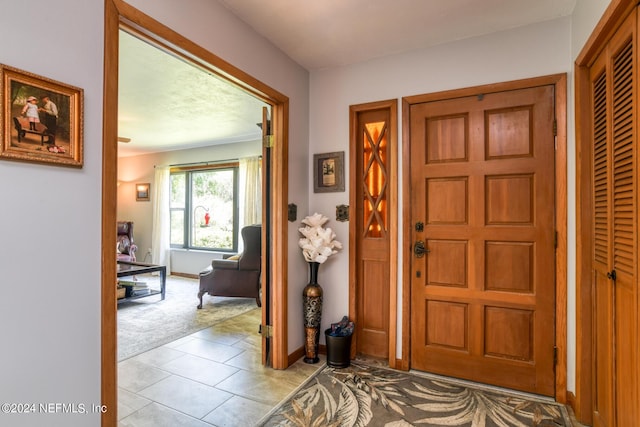 carpeted foyer entrance with baseboards