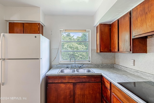 kitchen featuring sink, white refrigerator, black electric cooktop, and tasteful backsplash