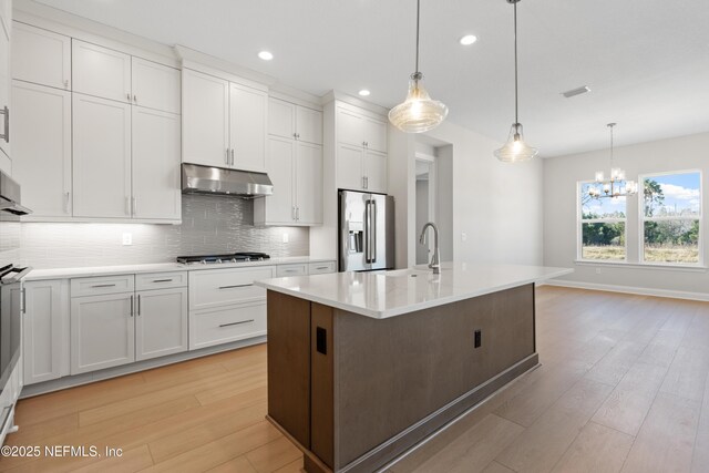 kitchen featuring a kitchen island with sink, white cabinetry, decorative light fixtures, and appliances with stainless steel finishes