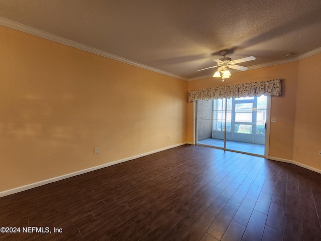 spare room with a textured ceiling, ceiling fan, and ornamental molding