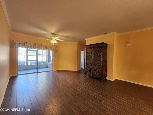 unfurnished living room featuring ceiling fan, ornamental molding, and dark hardwood / wood-style floors