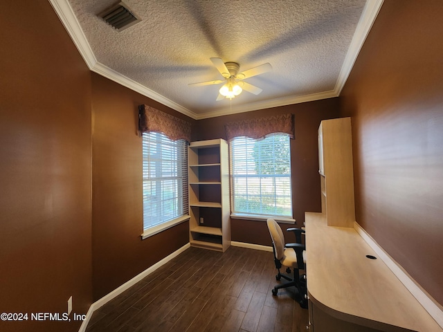 unfurnished office with dark hardwood / wood-style flooring, a textured ceiling, ceiling fan, and crown molding