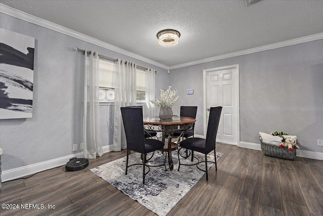 dining area featuring a textured ceiling, crown molding, and hardwood / wood-style floors