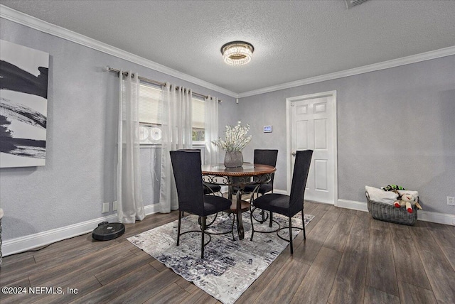 dining space with crown molding, dark wood-type flooring, and a textured ceiling