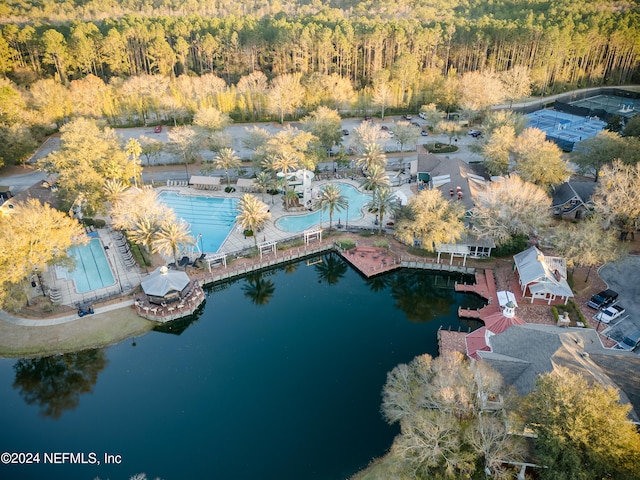 drone / aerial view featuring a water view