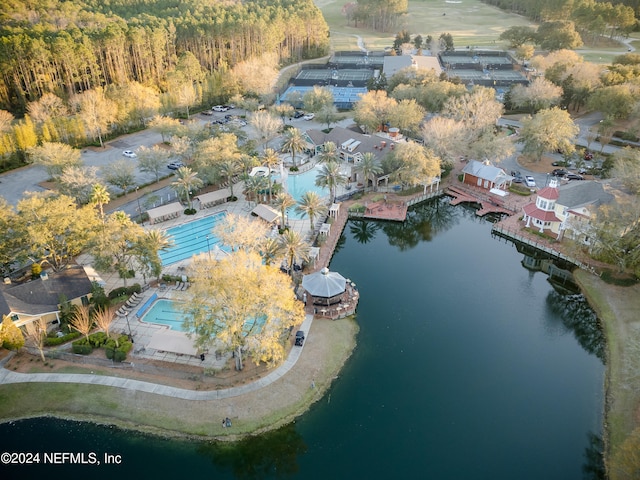 birds eye view of property featuring a water view