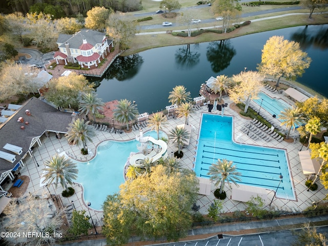 aerial view featuring a water view