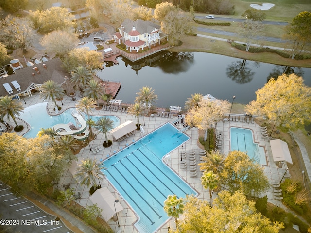 drone / aerial view featuring a water view