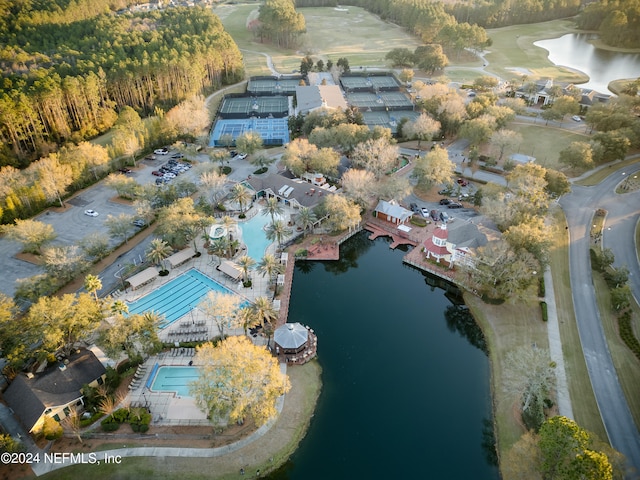 bird's eye view with a water view