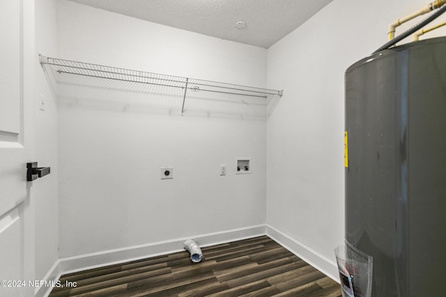 laundry area with electric dryer hookup, hookup for a washing machine, dark hardwood / wood-style flooring, and a textured ceiling