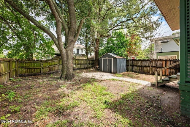 view of yard featuring a storage unit, an outdoor structure, and a fenced backyard